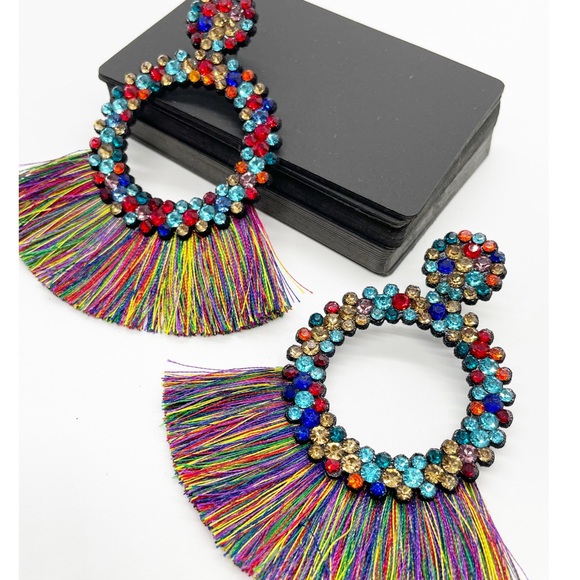 New Multicolored Round Fringe Dangle Stud Earrings - Picture 4 of 9